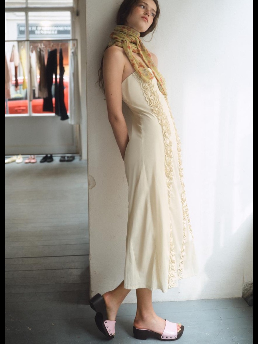 Zara Cream Midi Slip Dress with Ruffle Front